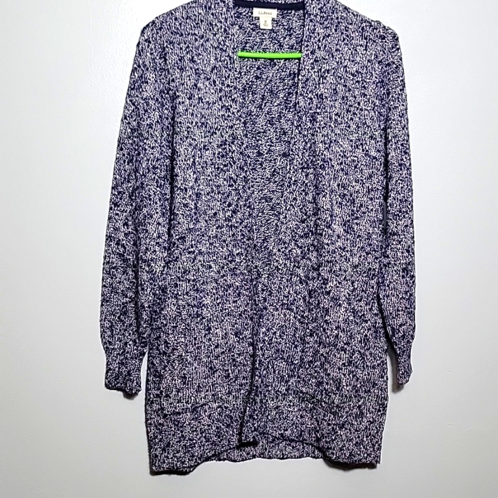 LL Bean Ragg Cardigan with pocketsSweater  Medium Womens Blue/white  100% Cotton